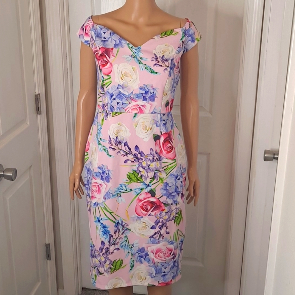 Paper Doll Productions Pink Floral Cocktail Wedding Party Dress